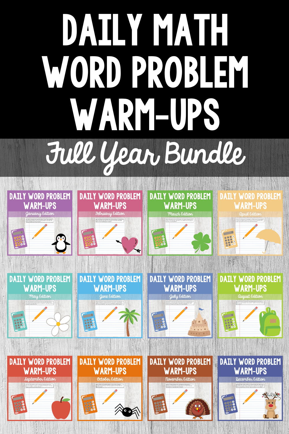 daily math word problem warm-ups full year bundle monthly covers in a grid