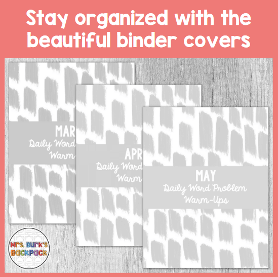 Stay organized with the beautiful monthly binder covers for word problem warm-ups