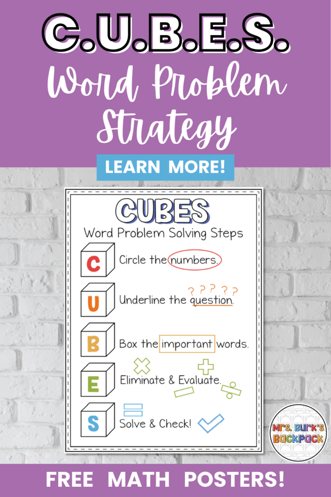 CUBES word problem solving strategy free math posters