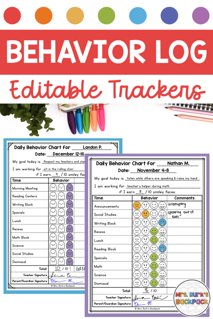 Student Behavior Charts Log Editable Trackers